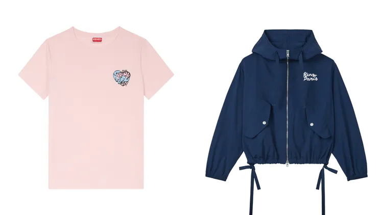 KENZO JUNGLE LOVE女裝櫻花粉短袖上衣（左）7800元、JUNGLE LOVE星夜藍連帽教練外套（右）2萬4800元。品牌提供