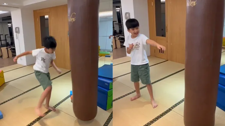常如山小兒子踢沙袋有模有樣。常如山提供