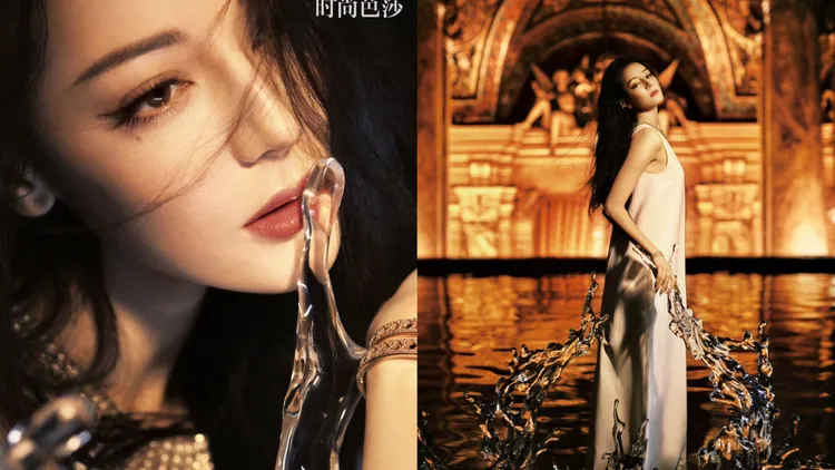 此次大片搭配大海以及金黃色背景，演繹出熱巴的獨特的異域風情。翻攝迪麗熱巴微博