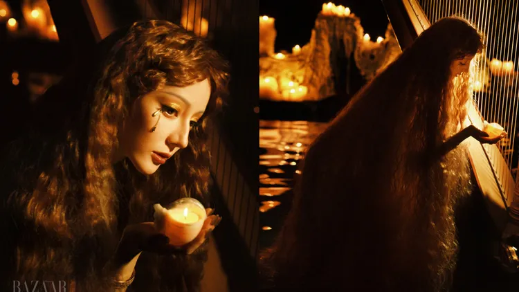 迪麗熱巴畫上金色淚滴妝並搭配羊毛卷髮型，造型驚豔粉絲。翻攝迪麗熱巴微博