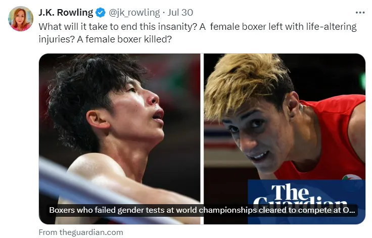 JK羅琳發文影射台灣女拳王林郁婷是「跨性別」選手。翻攝《@jk_rowling》X