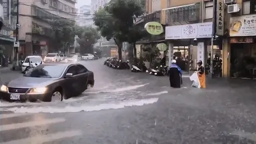 7縣市大雨「永和淹水了」　影片曝光：車輛激浪湧向店家