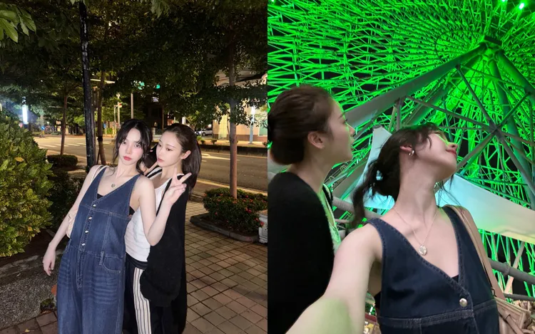 Karina（左圖左）與Giselle昨與大直美麗華摩天輪合照。翻攝Karina IG