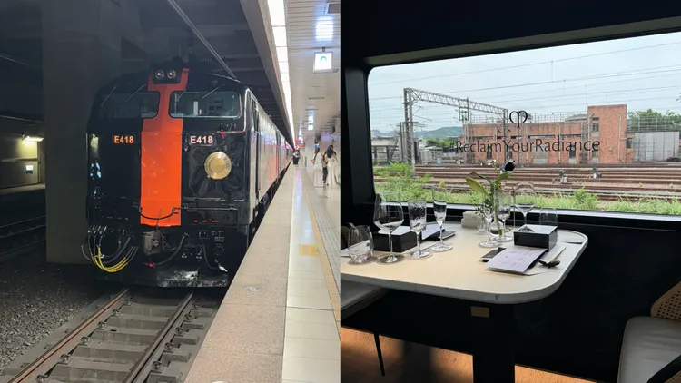 肌膚之鑰包下台鐵鳴日號，前往宜蘭發表最新激光瓶。張家玲攝