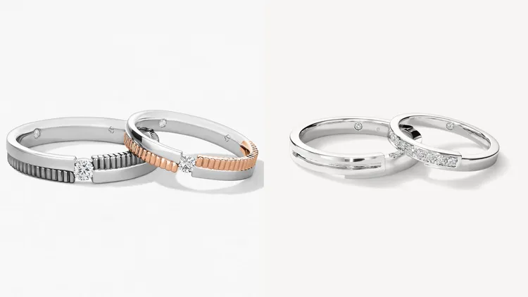 Mate對戒，鉑金黑金戒指（左圖左）7萬元、鉑金玫瑰金戒指（左圖右）4萬3000元；Natural對戒，鉑金鑽石戒指（右圖左）5萬8000元、（右圖右）4萬6000元。品牌提供
