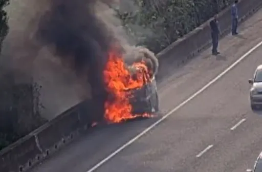 國一南向楊梅路段火燒車 駕駛急停路肩逃生