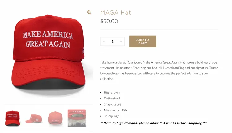 川普的「Make America Great Again」帽子在中國製造、刺繡才是在美國完成。翻攝Trump store網站