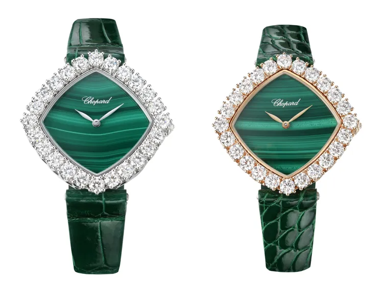 蕭邦L’Heure du Diamant腕錶，36mm，18K白金/18K玫瑰金錶殼，孔雀石錶盤，鑲嵌4.53克拉鑽石，鱷魚皮錶帶，Chopard 09.01-C型機械自動上鏈機芯，動力儲存42小時，各205萬5000元。品牌提供
