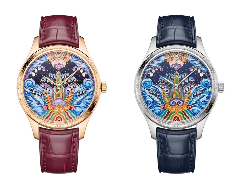 江詩丹頓Métiers d’Art系列Tribute to Traditional Symbols浪湧乾坤腕錶，38mm，18K 5N粉紅金/18K白金錶殼，18K 5N粉紅金/18K白金錶盤，酒紅色/深藍色鱷魚皮錶帶，2460自動上鍊機芯，動力儲存40小時，防水深度30米，各限量15只。品牌提供
