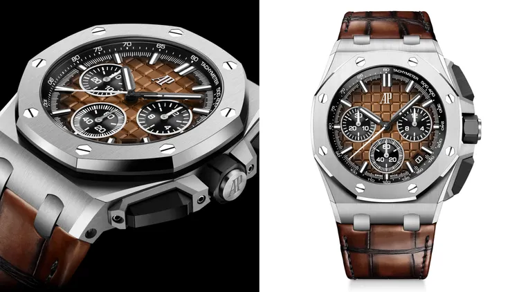 AP Royal Oak Offshore皇家橡樹離岸型自動上鍊計時碼錶，43mm，精鋼錶殼，煙燻紅銅色錶面，手工打磨牛津復古風格棕色易換式鱷魚皮錶帶，4401自動上鏈機芯，動力儲存70小時，防水深度100米，價格店洽。品牌提供
