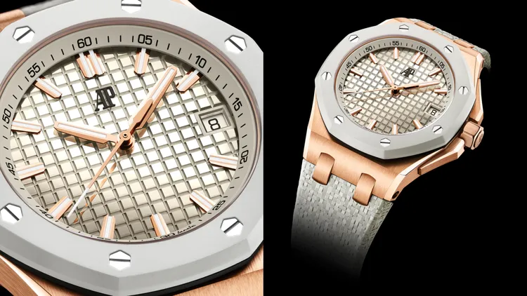 AP Royal Oak Offshore皇家橡樹離岸型自動上鍊腕錶，37mm，18K玫瑰金錶殼，象牙色拋光錶面，馬賽克效果灰色易換式橡膠錶帶，5900自動上鍊機芯，動力儲存60小時，防水深度50米，價格店洽。品牌提供
