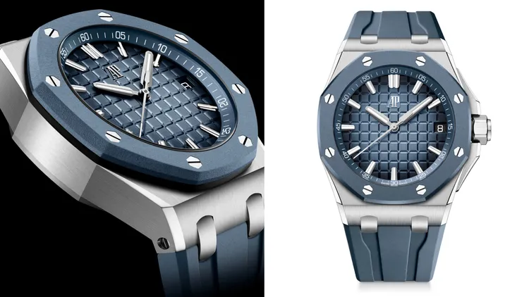 AP Royal Oak Offshore皇家橡樹離岸型自動上鍊腕錶，43mm，精鋼錶殼，煙燻藍色錶面，藍色易換式橡膠錶帶，4302 自動上鏈機芯，動力儲存70小時，防水深度100米，價格店洽。品牌提供
