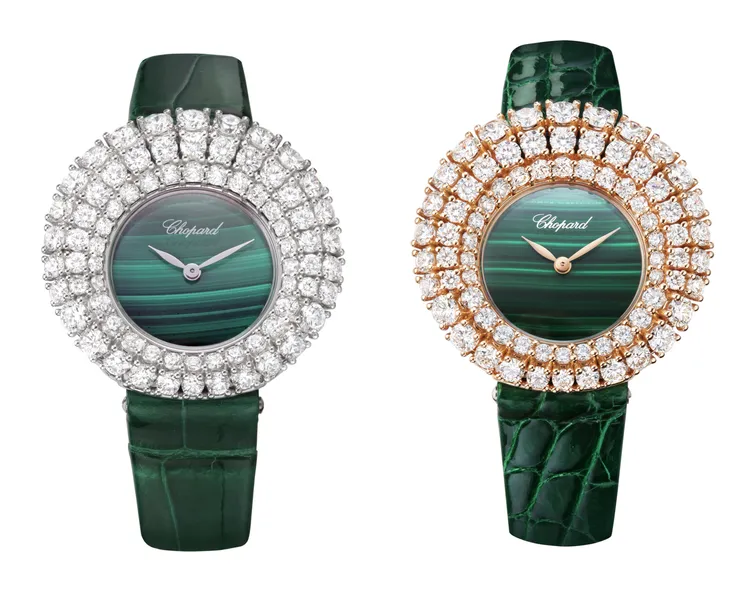 蕭邦L’Heure du Diamant腕錶，33mm，18K白金/18K玫瑰金錶殼，孔雀石錶盤，鑲嵌5.33克拉鑽石，鱷魚皮錶帶，Chopard 10.01-C型機械手動上鏈機芯，動力儲存45小時，各217萬6000元。品牌提供
