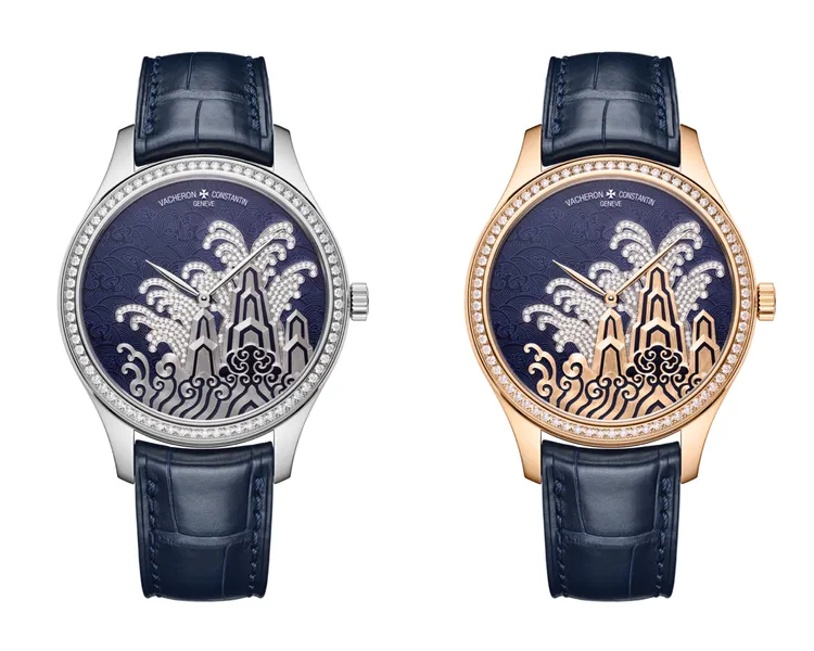 江詩丹頓Métiers d’Art系列Tribute to Traditional Symbols月耀河山腕錶，38mm，18K 5N粉紅金/18K白金錶殼，18K 5N粉紅金/18K白金錶盤，深藍色鱷魚皮錶帶，2460自動上鍊機芯，動力儲存40小時，防水深度30米，各限量15只。品牌提供
