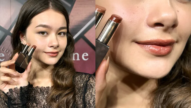 Model示範持彩豐潤魅唇膏#07搭配#EX04。張家玲攝