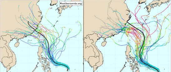 最新(30日20時)歐洲系集模式(ECMWF左圖)及美國系集模式(GEFS右圖)模擬皆顯示，下半週(5至8日)有颱風通過台灣附近，包括從台灣旁邊掠過或直接登陸。(圖擷自weathernerds)氣象應用推廣基金會