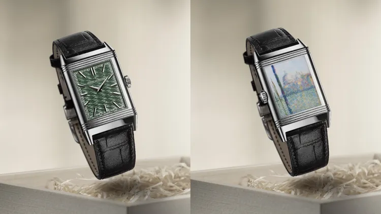 積家翻轉系列「威尼斯系列」琺瑯腕錶威尼斯大運河款，45.6*27.4*9.73mm，18K白金錶殼，正面錶盤波浪形扭索飾紋+大明火琺瑯，背面錶盤微繪大明火琺瑯，黑色鱷魚皮錶帶，積家 822 型手動上鏈機械機芯，動力儲存48小時，防水深度30米，限量10只。品牌提供