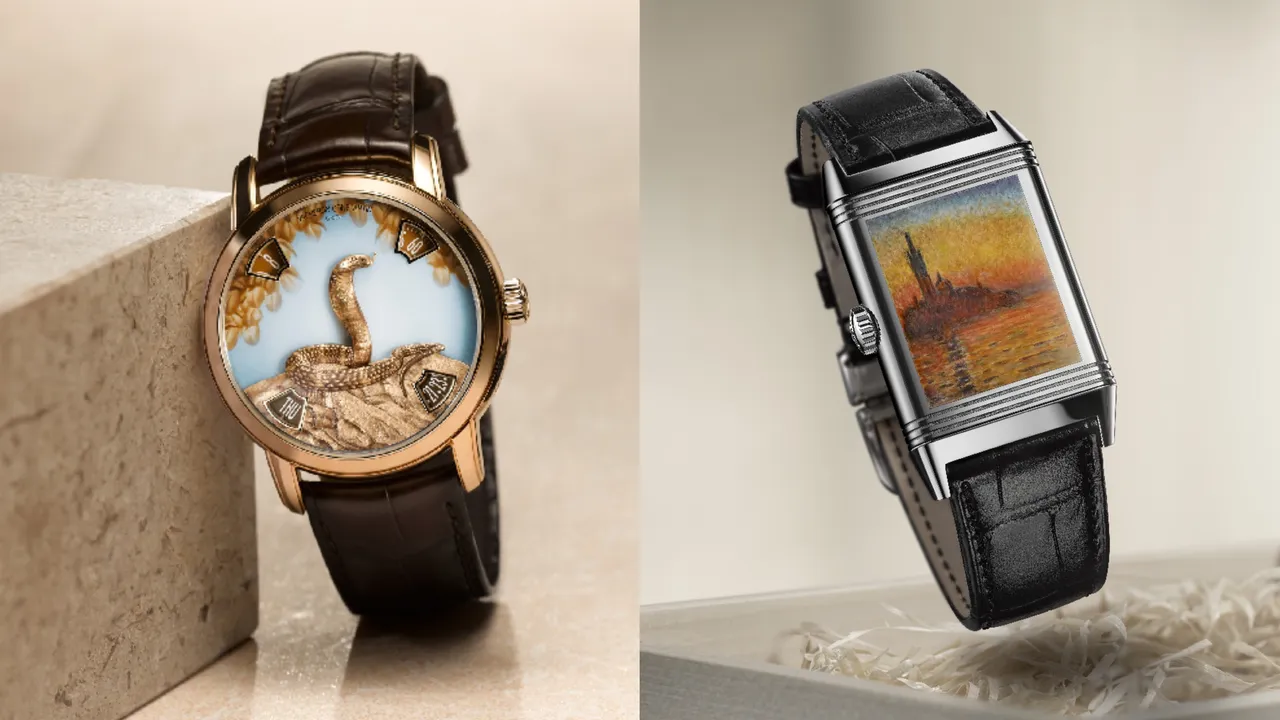江詩丹頓端出Métiers d’Art藝術大師系列十二生肖傳奇之蛇年腕（左圖）、積家則是帶來3款底蓋有大師畫作的翻轉系列琺瑯腕錶（右圖）。品牌提供
