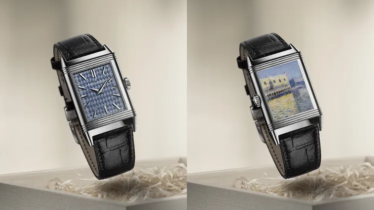 積家翻轉系列「威尼斯系列」琺瑯腕錶總督宮款，45.6*27.4*9.73mm，18K白金錶殼，正面錶盤菱形扭索飾紋+大明火琺瑯，背面錶盤微繪大明火琺瑯，黑色鱷魚皮錶帶，積家 822 型手動上鏈機械機芯，動力儲存48小時，防水深度30米，各限量10只。品牌提供