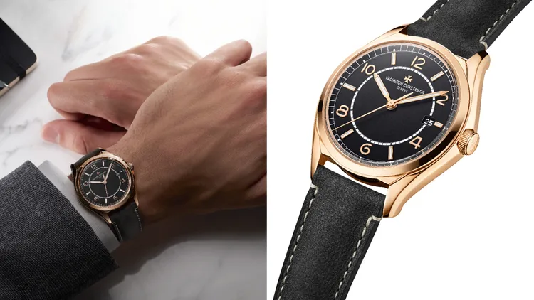 江詩丹頓Fiftysix系列自動上鏈腕錶，40mm，18K 5N粉紅金錶殼，黑色錶盤，煤灰色磨面小牛皮錶帶，1326自動上鏈機械機芯，動力儲存48小時，防水深度30米。品牌提供
