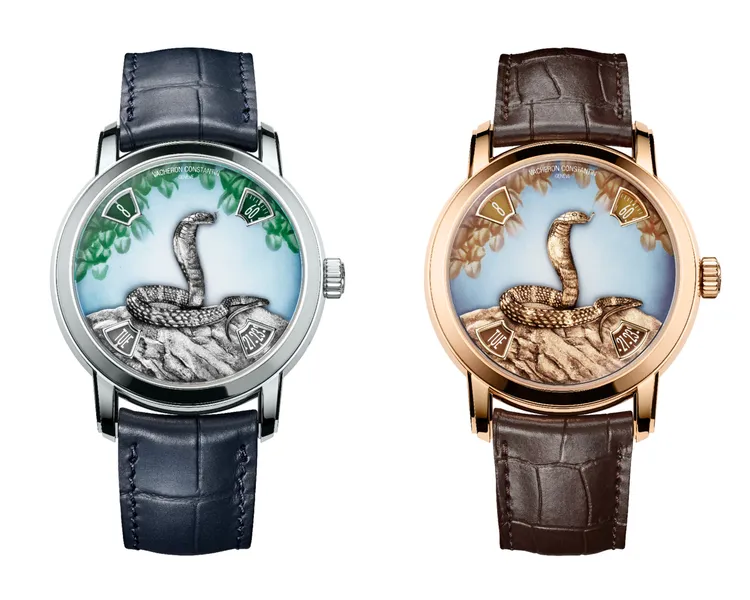 江詩丹頓Métiers d’Art藝術大師系列中國十二生肖傳奇之蛇年錶，40mm，18K 5N粉紅金/950鉑金錶殼，18K 4N金錶盤，棕色/藍色密西西比鱷魚皮錶帶，2460 G4自動上鏈機械機芯，動力儲存40小時，防水深度30米，各限量25只。品牌提供