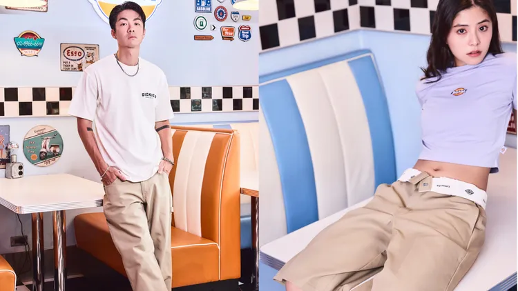 陳信維（左）、若盈（右）搭配Dickies工裝褲。品牌提供