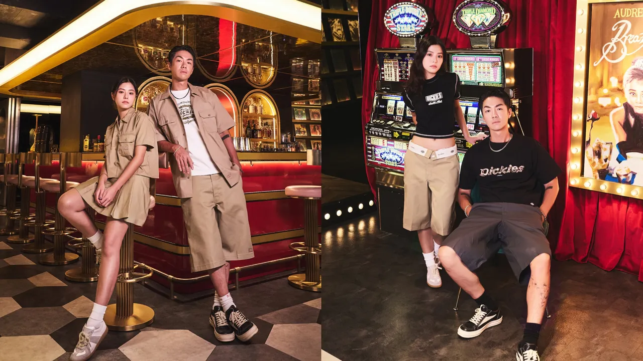 若盈（左圖左、右圖左）、陳信維（左圖右、右圖右）搭配Dickies單品當起美式工裝情侶。品牌提供