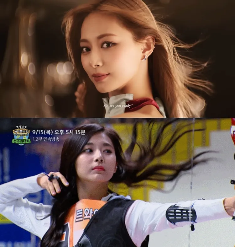 周子瑜（上圖）的solo預告最後鏡頭，重現2016年《偶像明星運動會》射箭髮絲飄起的經典畫面。翻攝JYP娛樂YouTube、MBC