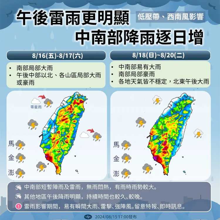 午後雷陣雨更明顯， 中南部降雨逐日增。氣象署提供