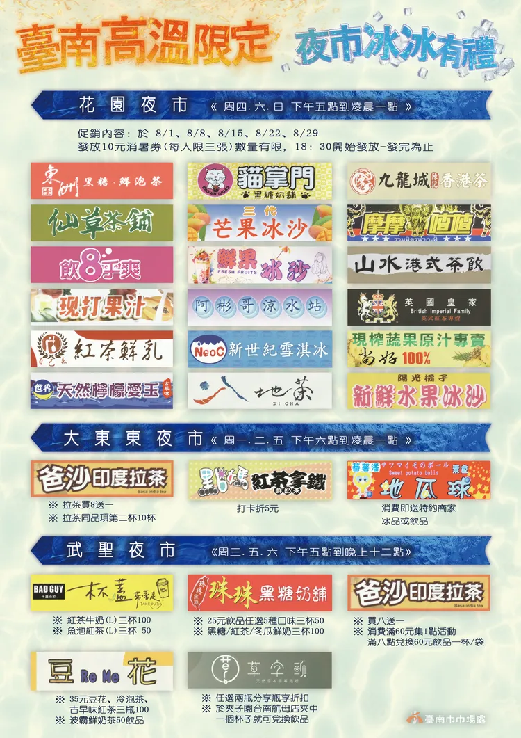 臺南高溫限定，夜市冰冰有禮8月份共有36家參與。南市府提供