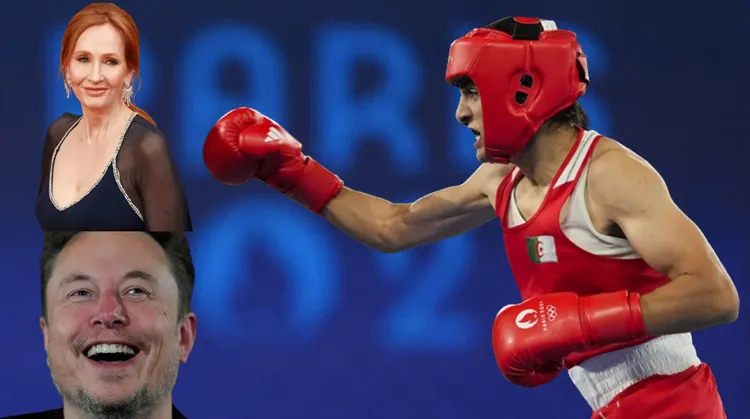 阿爾及利亞金牌女拳手克莉芙（右，美聯社）對J.K.羅琳（小圖上，路透社）與馬斯克（小圖下，路透社）等人提出告訴。合成畫面。