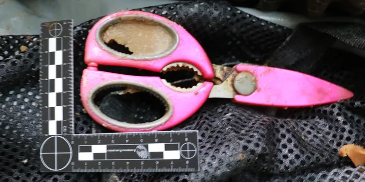 死者牛仔褲右後褲袋有1把粉紅色剪刀。警方提供