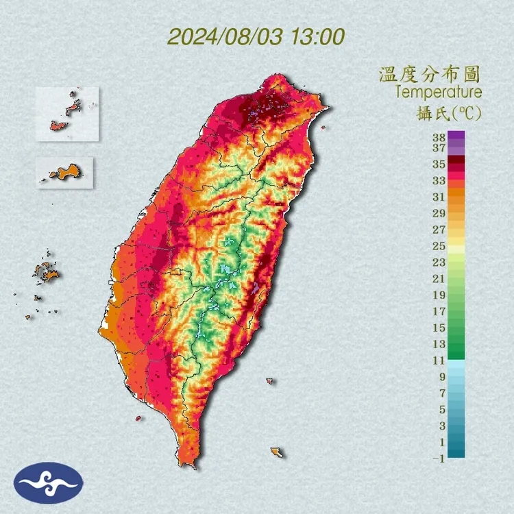 全台3日下午1時溫度分布圖。取自氣象署網頁
