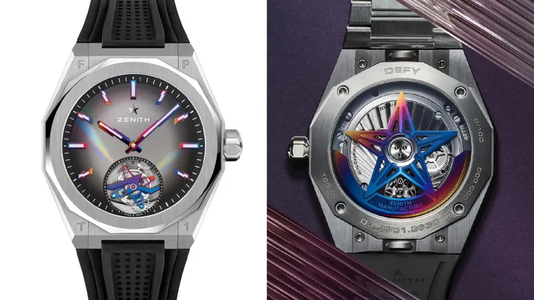 ZENITH DEFY SKYLINE陀飛輪腕錶，41mm，精鋼錶殼，染色藍寶石錶盤，精鋼錶鍊，El Primero 3630型機芯，動力儲存60小時，防水深度100米，218萬3800元。品牌提供