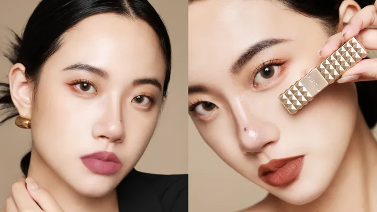 VALENTINO高訂鉚釘唇膏#134R玫瑰粉棕（左）、#77A泰奶橘棕（右）。品牌提供