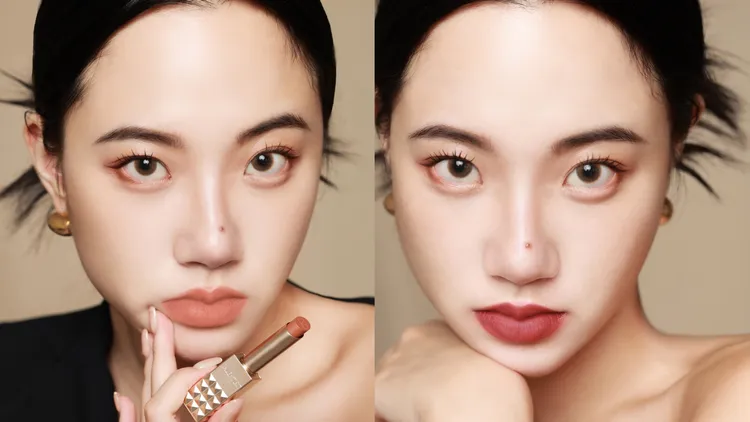 VALENTINO高訂鉚釘唇膏#135A杏桃裸棕（左）、#111A肉桂紅棕（右）。品牌提供