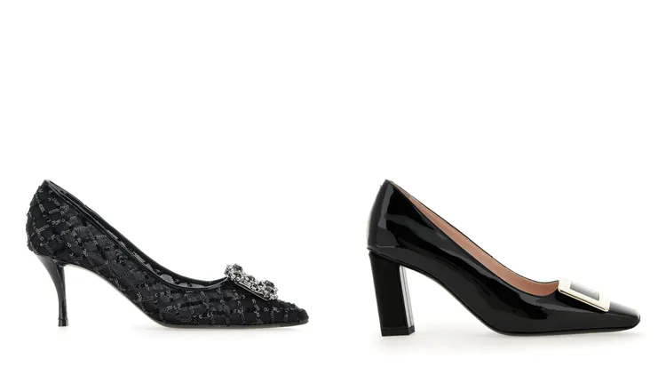 黑晶鑽扣網紗花鑽高跟鞋（左）8萬3800元、BELLE VIVIER黑色漆亮皮高跟鞋（右）3萬7900元。品牌提供