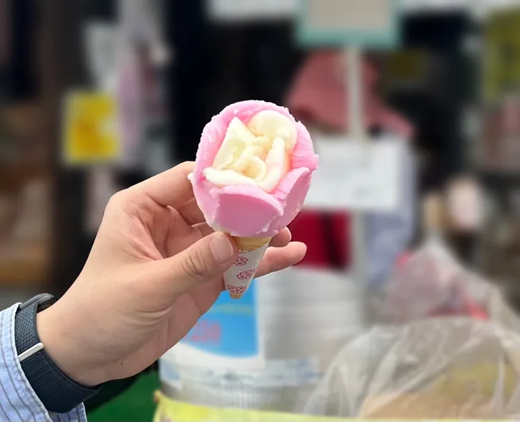來到角館武家屋敷，別忘了買一支玫瑰花冰淇淋享用，當地人說，這是秋田夏天的傳統美食，都是吃這味道長大的。業者提供