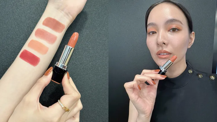 Dior藍星唇膏巴黎地圖，左圖上至下#100、#326、#356、#720，右圖為Model示範#356巴黎珊瑚。張家玲攝
