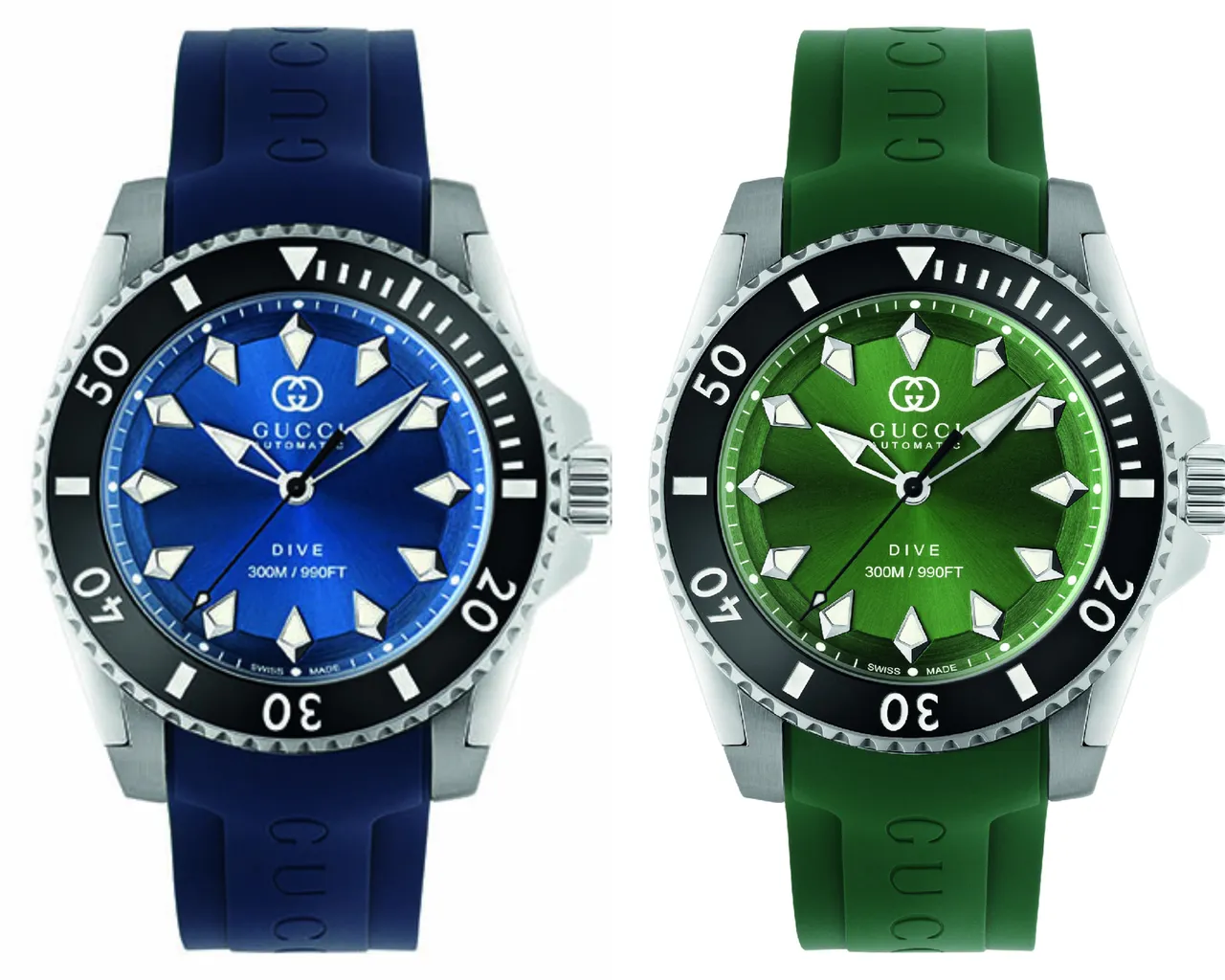 GUCCI Dive自動潛水腕錶橡膠錶帶,40mm,不鏽鋼錶殼,海藍/碧綠錶面,橡膠錶帶,SELLITA SW200 AUTO 自動上鍊機芯,動力儲存56小時,防水深度300米,各7萬2900元。品牌提供