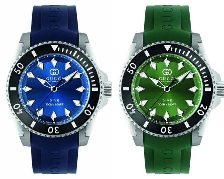 GUCCI Dive自動潛水腕錶橡膠錶帶，40mm，不鏽鋼錶殼，海藍/碧綠錶面，橡膠錶帶，SELLITA SW200 AUTO 自動上鍊機芯，動力儲存56小時，防水深度300米，各7萬2900元。品牌提供
