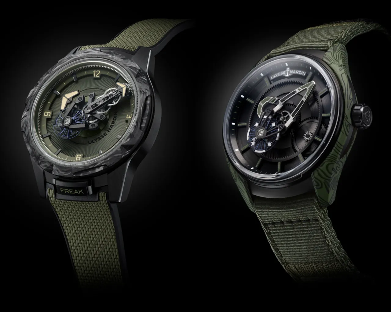 雅典錶FREAK ONE OPS款(左圖),44mm,黑色DLC鍍層鈦金屬錶殼,卡其綠色和黑色一體式壓紋橡膠錶帶,UN-240自動上鍊機芯,動力儲存90小時,防水深度30米,203萬1000元;FREAK X OPS款(右圖),43mm,黑色DLC鍍層鈦金屬錶殼,卡其色綠色織物錶帶,UN-230自動上鍊機芯,動力儲存72小時,防水深度50米,103萬1000元。品牌提供