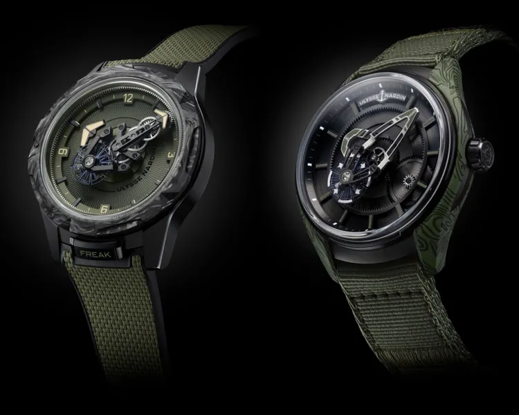 雅典錶FREAK ONE OPS款（左圖），44mm，黑色DLC鍍層鈦金屬錶殼，卡其綠色和黑色一體式壓紋橡膠錶帶，UN-240自動上鍊機芯，動力儲存90小時，防水深度30米，203萬1000元；FREAK X OPS款（右圖），43mm，黑色DLC鍍層鈦金屬錶殼，卡其色綠色織物錶帶，UN-230自動上鍊機芯，動力儲存72小時，防水深度50米，103萬1000元。品牌提供

