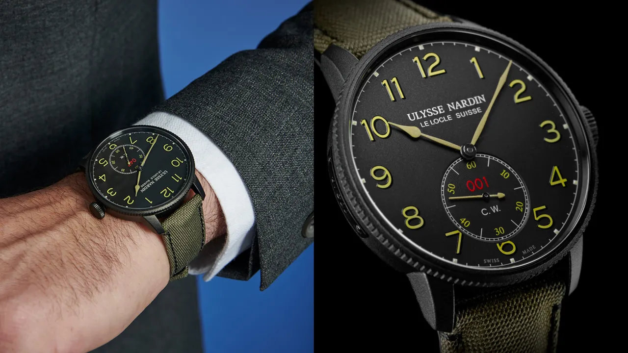 雅典錶航海系列領航者榮耀錶款,44mm,黑色DLC不鏽鋼錶殼,黑色錶盤,卡其色織物錶帶,UN-11	8自動上鍊機芯,動力儲存60小時,防水深度50米,30萬5000元。品牌提供