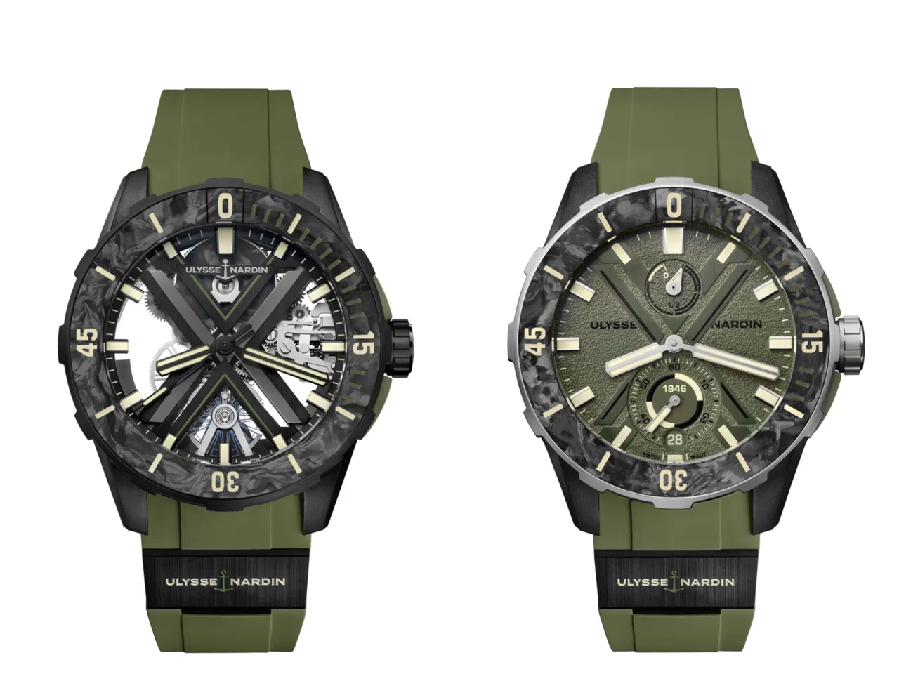 雅典錶潛水系列Diver X鏤空腕錶OPS款(左圖),44mm,噴砂與緞面拋光黑色DLC鍍層鈦金屬錶殼,鏤空錶盤,綠色織物/卡其色像膠錶帶,UN-372鏤空自動上鍊機芯,動力儲存60小時,防水深度200米,83萬8000元;潛水系列Diver Net腕錶OPS款(右圖),44mm,緞面噴砂黑色DLC鍍層鈦金屬錶殼,黑色橡膠錶帶,UN-150自動上鍊計時機芯,防水深度300米,40萬3000元。品牌提供