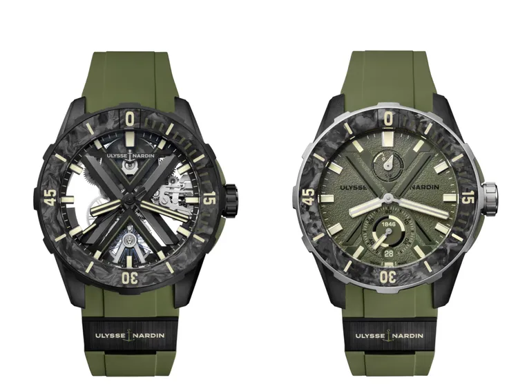 雅典錶潛水系列Diver X鏤空腕錶OPS款（左圖），44mm，噴砂與緞面拋光黑色DLC鍍層鈦金屬錶殼，鏤空錶盤，綠色織物/卡其色像膠錶帶，UN-372鏤空自動上鍊機芯，動力儲存60小時，防水深度200米，83萬8000元；潛水系列Diver Net腕錶OPS款（右圖），44mm，緞面噴砂黑色DLC鍍層鈦金屬錶殼，黑色橡膠錶帶，UN-150自動上鍊計時機芯，防水深度300米，40萬3000元。品牌提供
