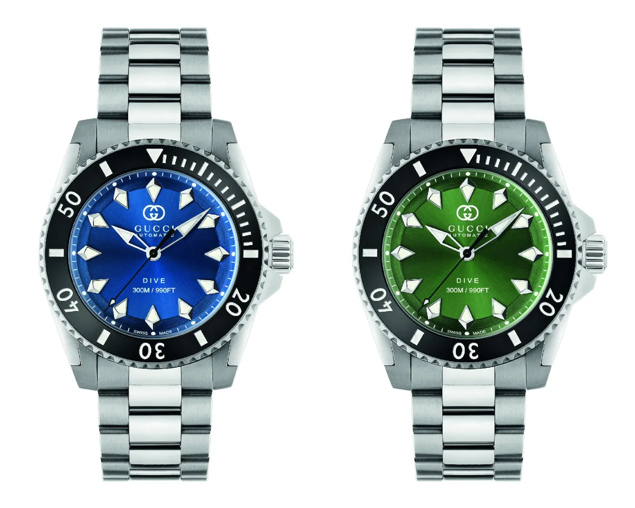 GUCCI  Dive自動潛水腕錶,40mm,不鏽鋼錶殼,海藍/碧綠錶面,不鏽鋼錶帶,SELLITA SW200 AUTO 自動上鍊機芯,動力儲存56小時,防水深度300米,各7萬2500元。品牌提供