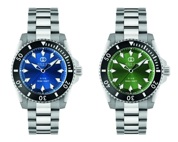 GUCCI  Dive自動潛水腕錶，40mm，不鏽鋼錶殼，海藍/碧綠錶面，不鏽鋼錶帶，SELLITA SW200 AUTO 自動上鍊機芯，動力儲存56小時，防水深度300米，各7萬2500元。品牌提供
