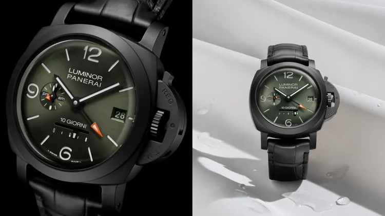 沛納海Luminor Dieci Giorni GMT腕錶(PAM01483)，44mm，黑色陶瓷錶殼，綠色太陽放射紋三明治錶盤，黑色鱷魚皮錶帶，P.2003自動上鍊機械機芯，動力儲存10日，防水深度100米。品牌提供