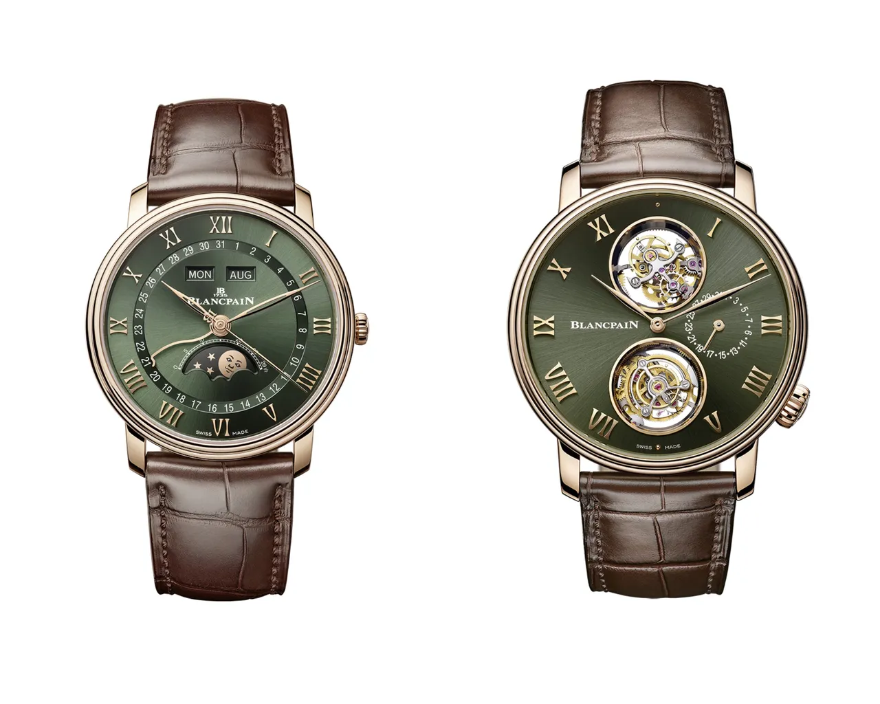 宝珀Villeret全日历月相腕表(左图),40mm,18K红金表壳,鳄鱼皮表带,6654型机芯,动力储存72小时,防水深度30米,93万元;Villeret卡罗素陀飞轮腕表(右图),44.6mm,18K红金表壳,鳄鱼皮表带,2322型机芯,动力储存7日,防水深度30米,1152万9000元。品牌提供